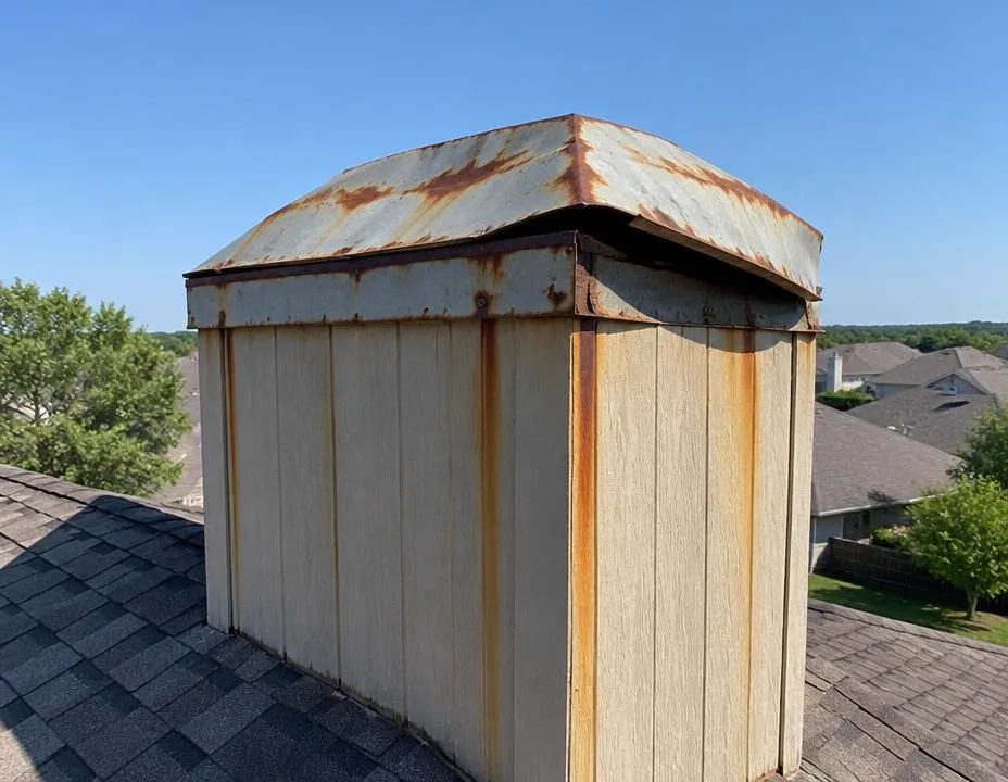 Rusted, stained chase cover on prefab chimney before replacement, Garland TX