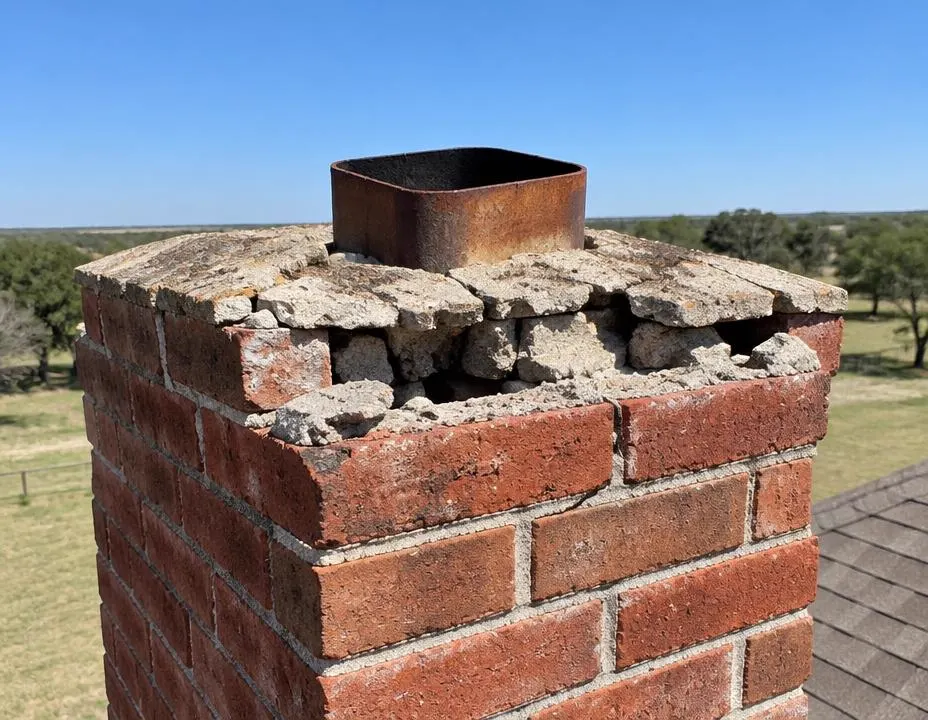 Chimney crown before repair, cracked mortar, Dallas TX home