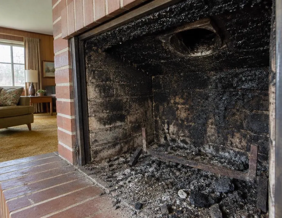 Firebox before sweep, black creosote and soot buildup, Dallas TX ranch home
