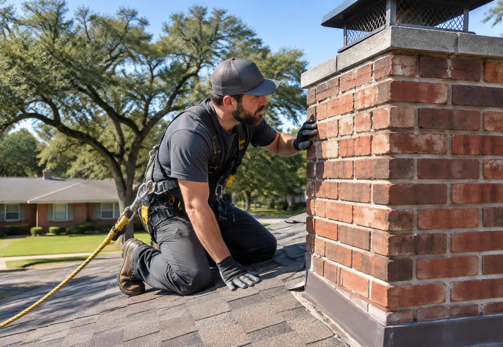 Technician in a plain work shirt inspecting a brick chimney on a Dallas ranch home